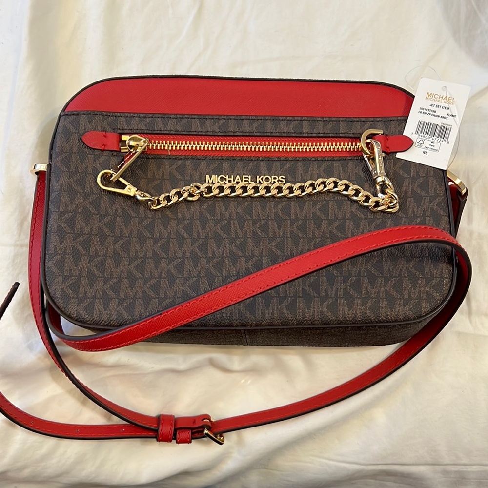 MICHAEL KORS JET SET FLAME LARGE CROSS BODY CHAIN BROWN RED GOLD